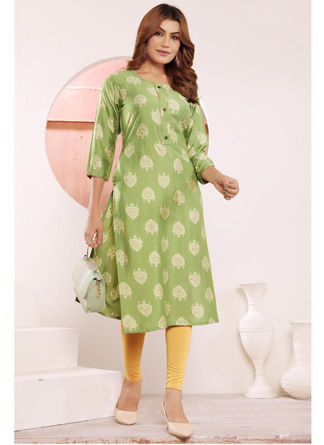 Viscose Muslin Green Casual Wear Printed Readymade Kurti